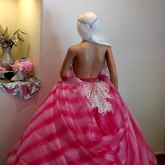SAMPLE GOWN ONLY - FARRAH Pink Tie Dye Organza & Lace Bridal Ballgown - Picture 3 of 10